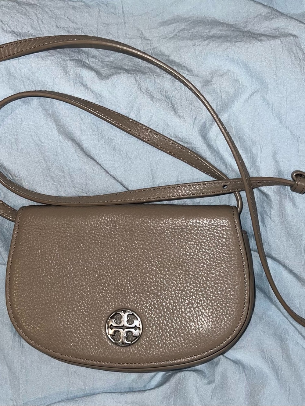 Tory Burch Taupe Pebbled Leather Saddle Crossbody